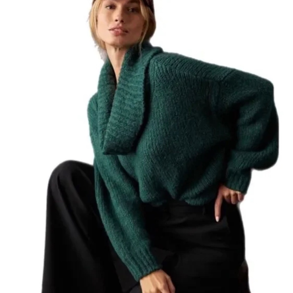 Pilcro Anthropologie chunky cowl neck knit sweater in forest green X-Large Cozy - Picture 2 of 12